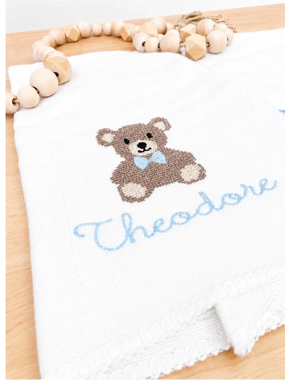Personalized White Baby Bib with Brown Teddy & Blue Embroidery with Theodore